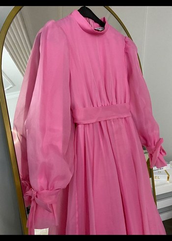 Pembe Uzun Drapeli Kadın Elbise