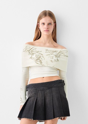 Orijinal Bershka Madonna Uzun Kol Beyaz Baskılı Bluz - Görsel 3