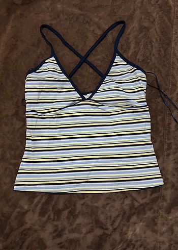 Bershka Çizgili Mavi İnce Askılı Mini Crop-Top - Görsel 5