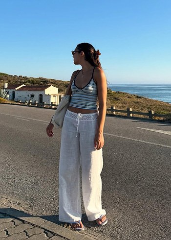 Bershka Çizgili Mavi İnce Askılı Mini Crop-Top - Görsel 4