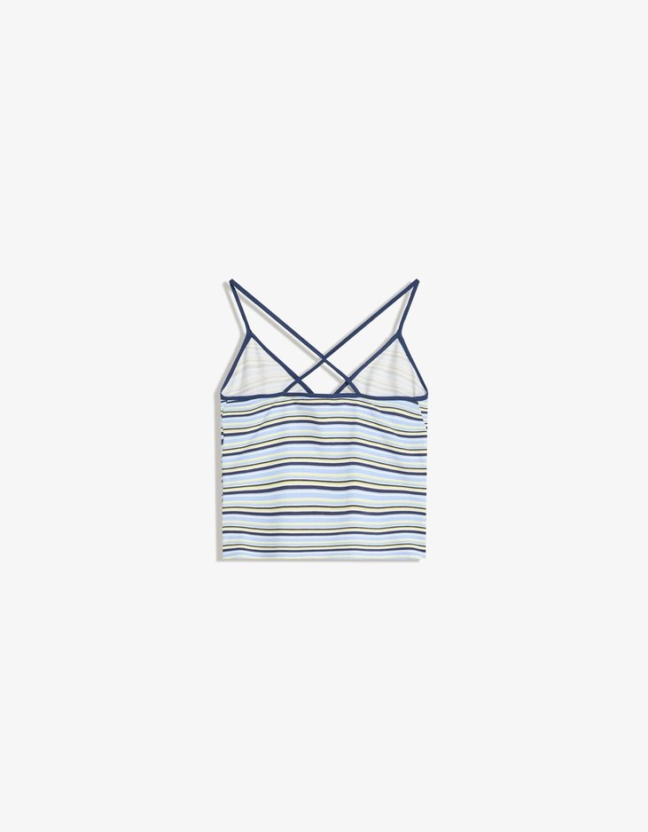 Bershka Çizgili Mavi İnce Askılı Mini Crop-Top - Görsel 2