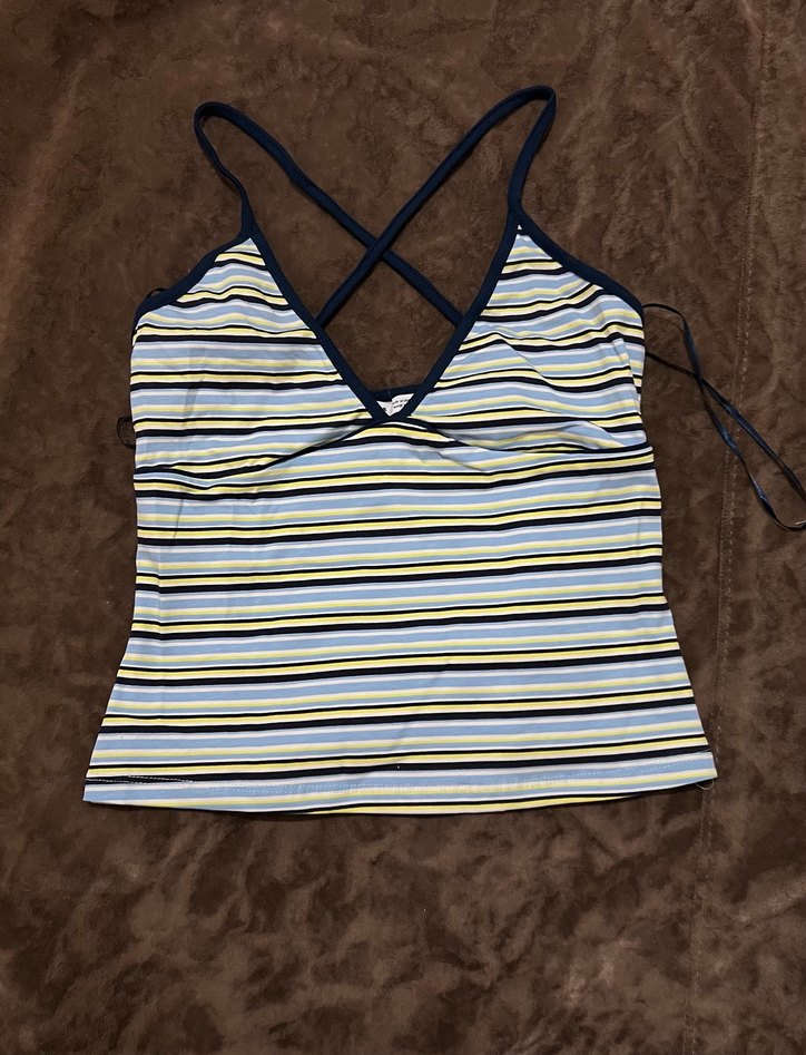 Bershka Çizgili Mavi İnce Askılı Mini Crop-Top - Görsel 5