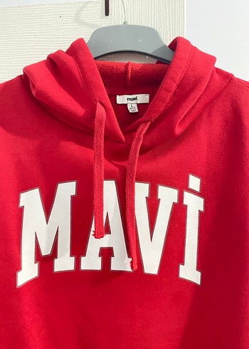 Kırmızı Kapüşonlu Kadın Sweatshirt MAVİ - Görsel 3