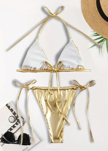 m Beden altın Renk Parlak Altın Renk Mini Bikini Takım