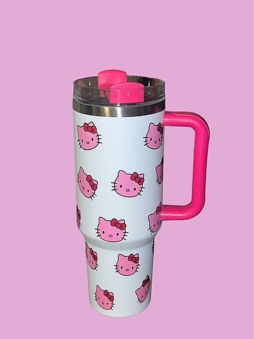Hello kitty pembe beyaz Termos Pipetli