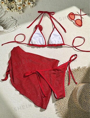 Diğer Kırmızı simli güllü bikini takımı seti