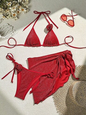 Kırmızı simli güllü bikini takımı seti