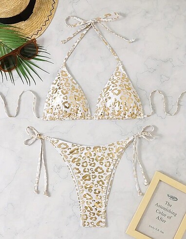 Altın sarı leoparlı bikini takımı