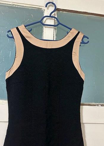 Siyah Bej Detaylı Midi Elbise - Görsel 3