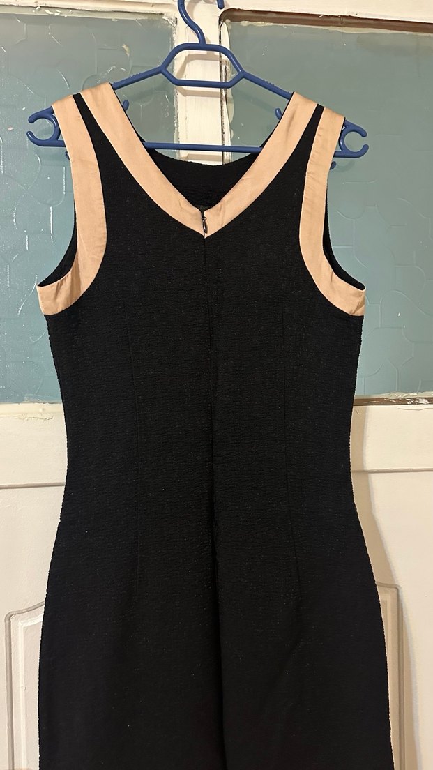 Siyah Bej Detaylı Midi Elbise - Görsel 5