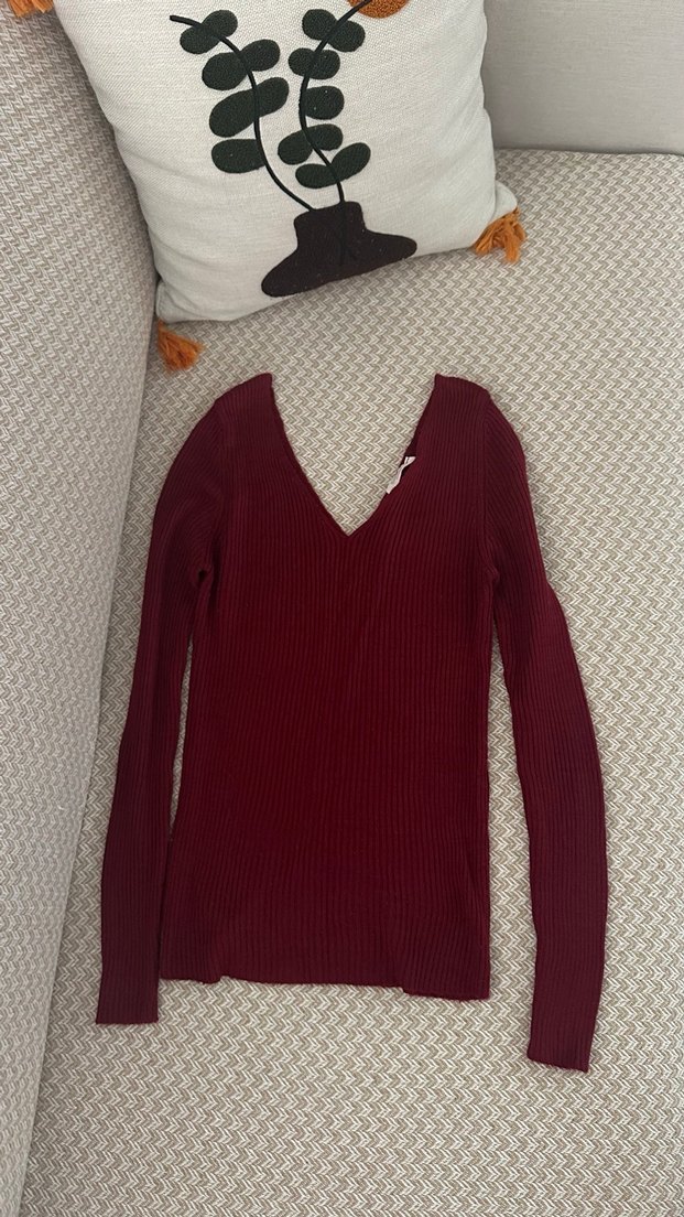 Bordo V Yaka Triko Kadın Kazak - Görsel 5