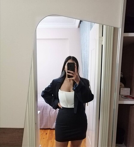m Beden kumaş etek crop ceket takım