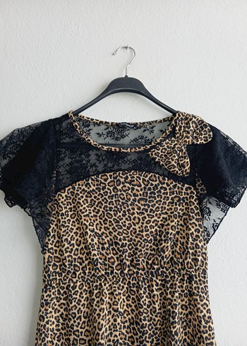 Dantel Detaylı Leopar Desenli Mini Elbise - Görsel 6