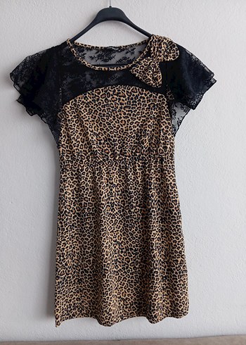 Dantel Detaylı Leopar Desenli Mini Elbise - Görsel 5