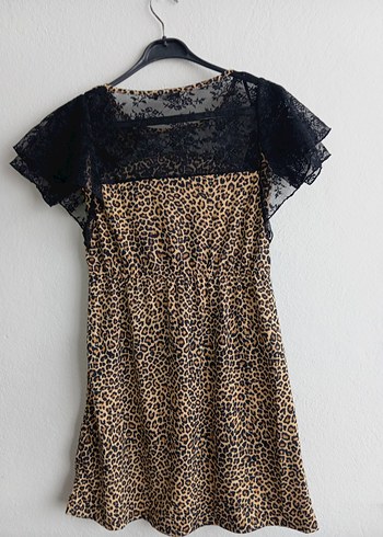 Dantel Detaylı Leopar Desenli Mini Elbise - Görsel 4