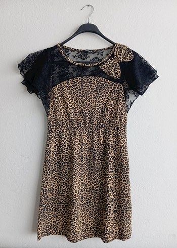 Dantel Detaylı Leopar Desenli Mini Elbise - Görsel 8