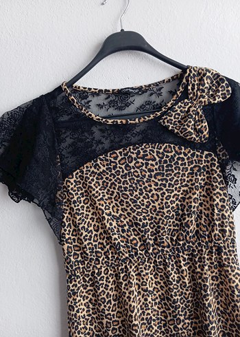 Dantel Detaylı Leopar Desenli Mini Elbise - Görsel 2