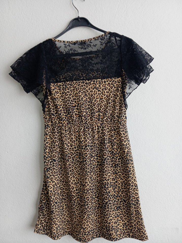 Dantel Detaylı Leopar Desenli Mini Elbise - Görsel 4