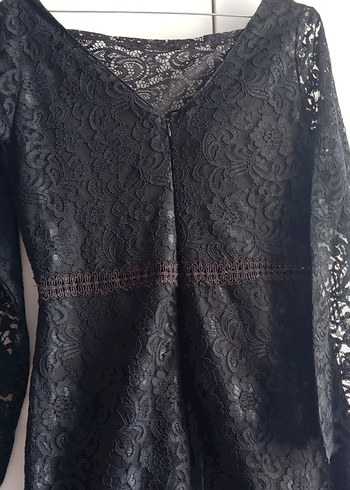 Siyah Dantel Uzun V Yaka Gotik Elbise - Görsel 5