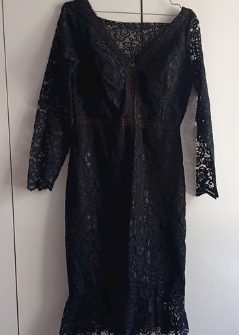 Siyah Dantel Uzun V Yaka Gotik Elbise - Görsel 3