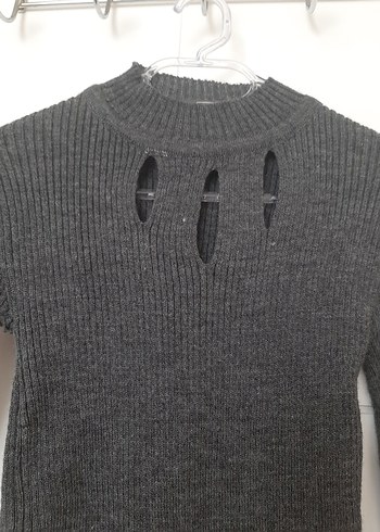 Uzun Kollu Gri İnce Triko Elbise - Görsel 2