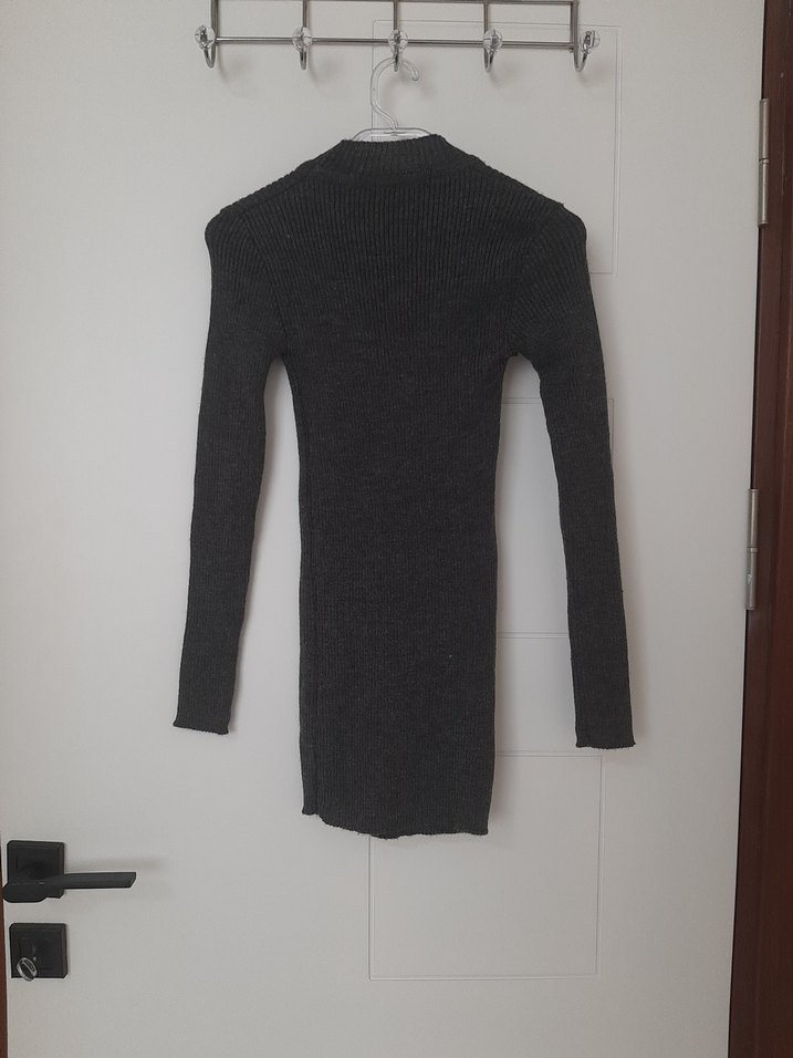 Uzun Kollu Gri İnce Triko Elbise - Görsel 3