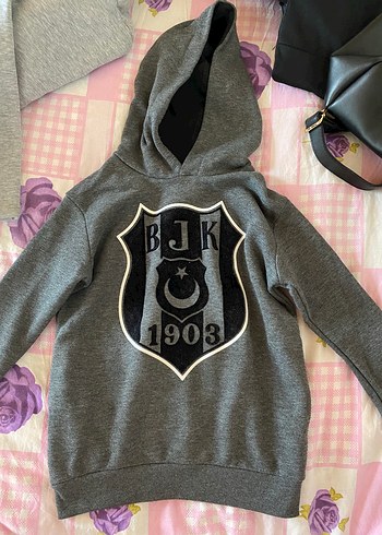 Gri Kapüşonlu Erkek Sweatshirt BJK Baskılı