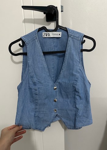 Zara %100 pamuk Mavi Denim Düğmeli Kadın Yelek