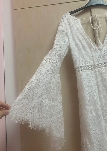 Dantel Detaylı Beyaz Bohem Uzun Elbise - Görsel 3
