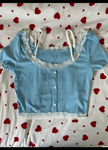 Shein Mavi Dantel Detay Crop