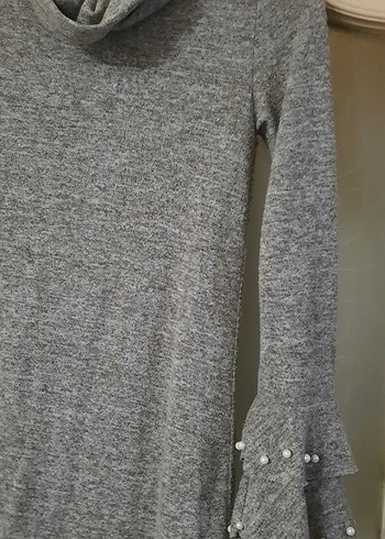 Gri Uzun Kollu Yüksek Yakalı Triko tunik - Görsel 2