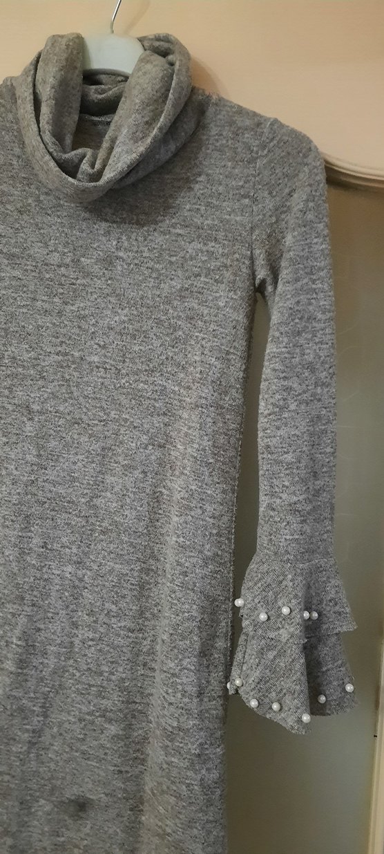 Gri Uzun Kollu Yüksek Yakalı Triko tunik - Görsel 2