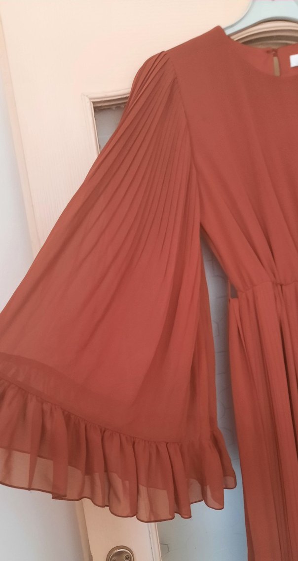 kremit renkli Uzun Piliseli Bohem Elbise - Görsel 5