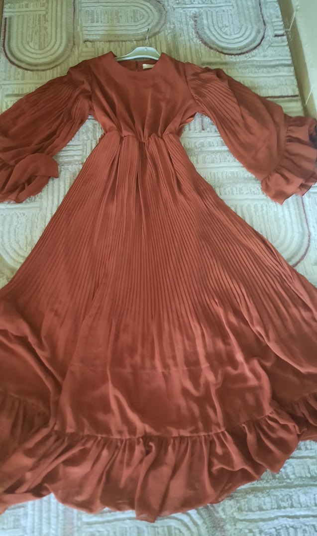 kremit renkli Uzun Piliseli Bohem Elbise - Görsel 2