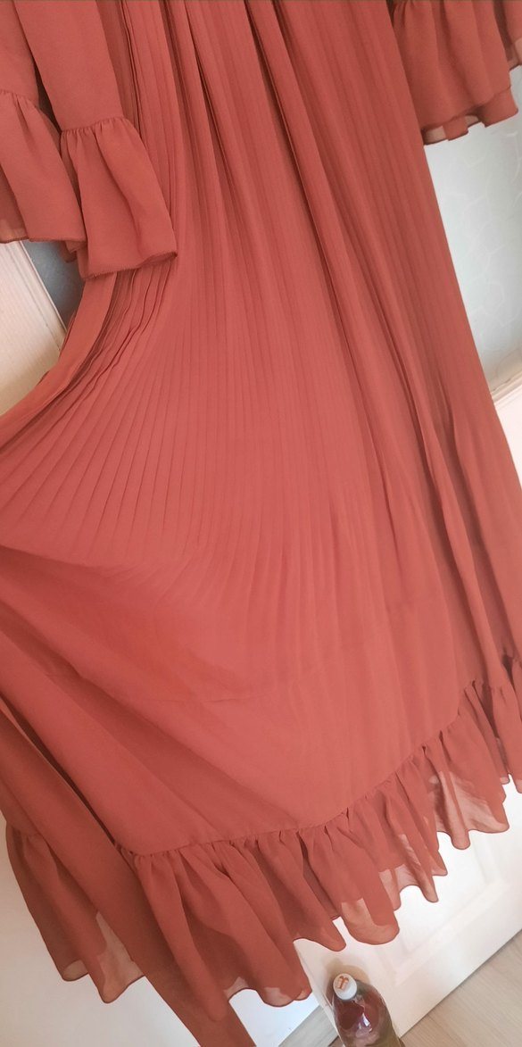 kremit renkli Uzun Piliseli Bohem Elbise - Görsel 3