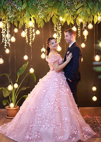 pudra Pembe Straplez Uzun Drapeli Nişan Elbisesi - Görsel 2