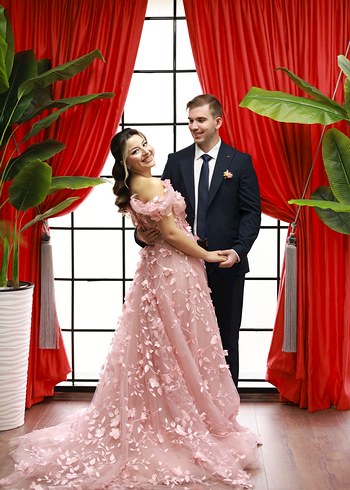 pudra Pembe Straplez Uzun Drapeli Nişan Elbisesi - Görsel 4