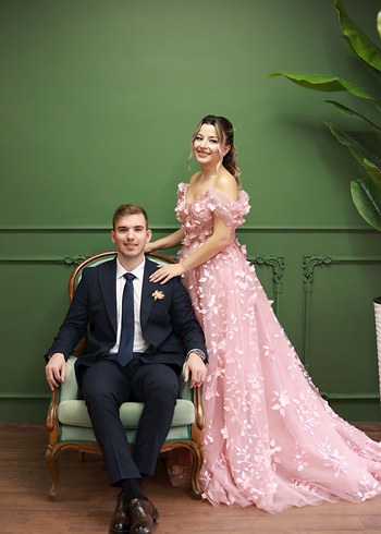 pudra Pembe Straplez Uzun Drapeli Nişan Elbisesi - Görsel 3