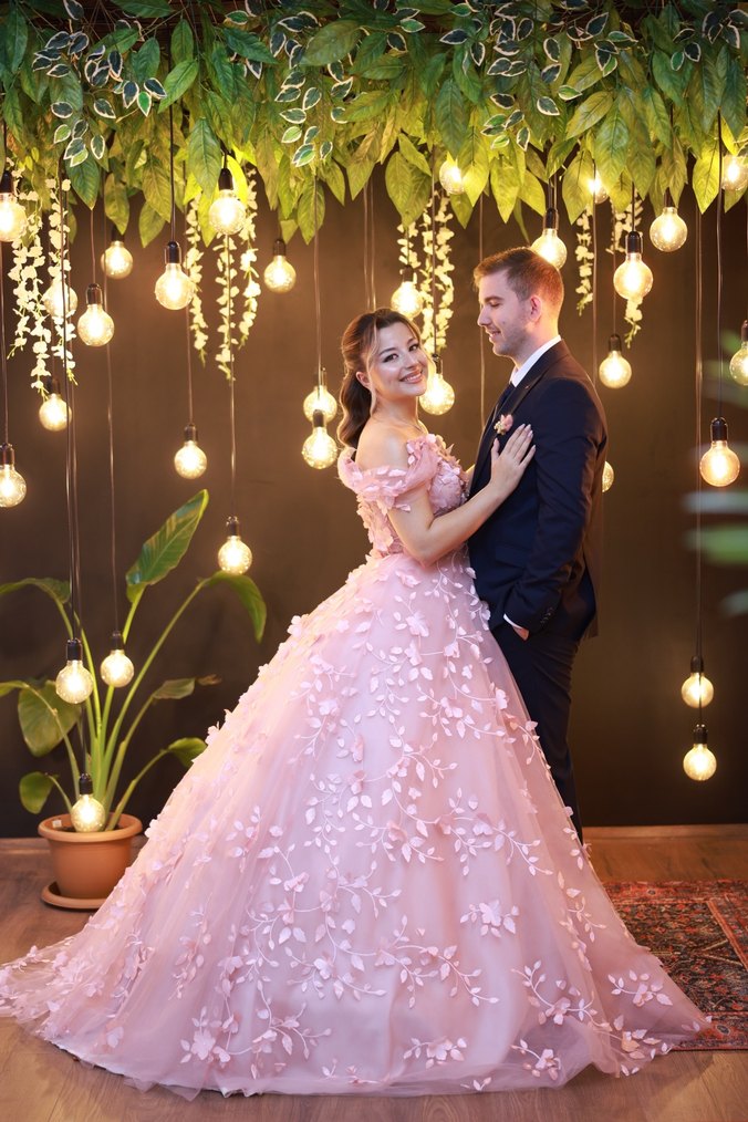 pudra Pembe Straplez Uzun Drapeli Nişan Elbisesi - Görsel 2