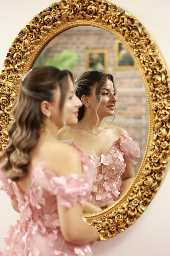 pudra Pembe Straplez Uzun Drapeli Nişan Elbisesi - Görsel 5