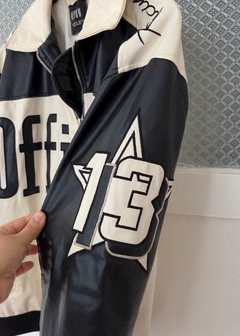 Beyaz Siyah Baskılı Kadın Deri Bomber Ceket - Görsel 3