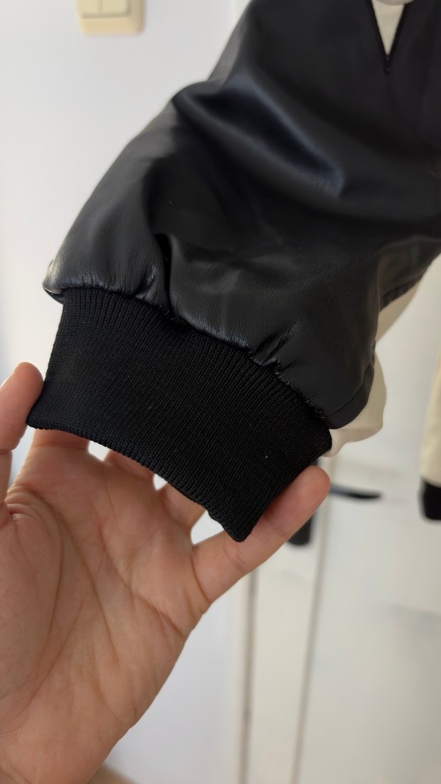 Beyaz Siyah Baskılı Kadın Deri Bomber Ceket - Görsel 2