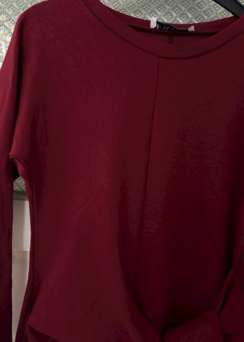 Bordo Uzun Kollu bağlamalı Kadın Elbise - Görsel 3