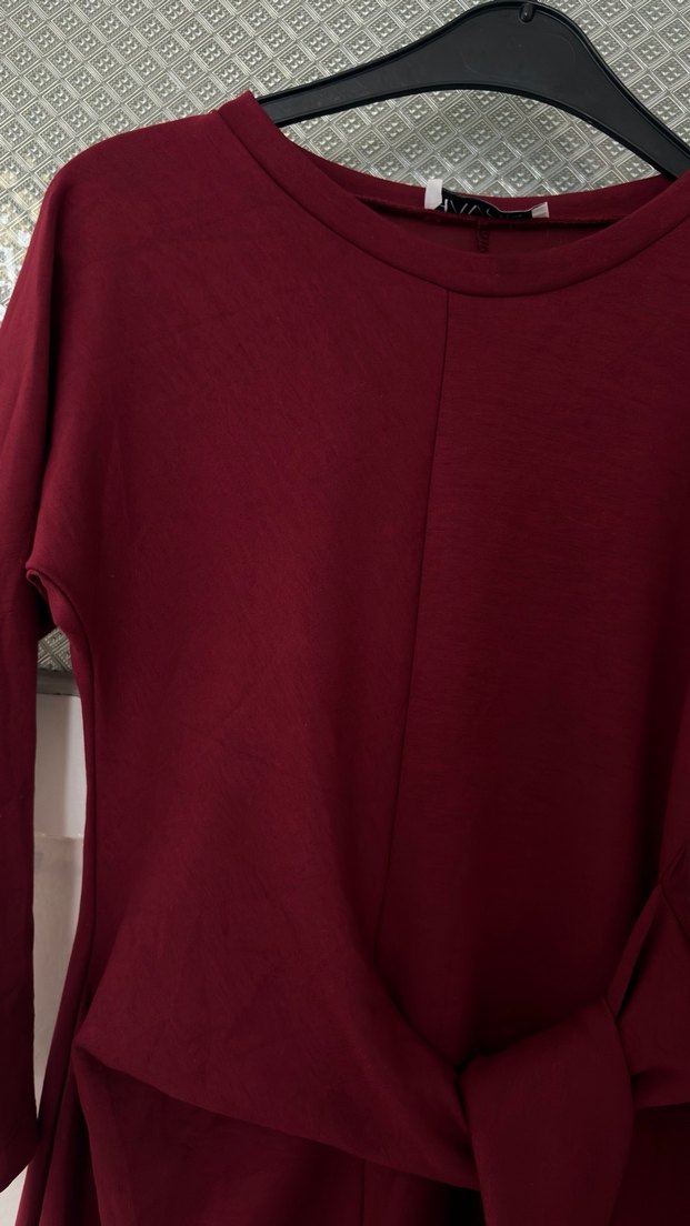 Bordo Uzun Kollu bağlamalı Kadın Elbise - Görsel 3