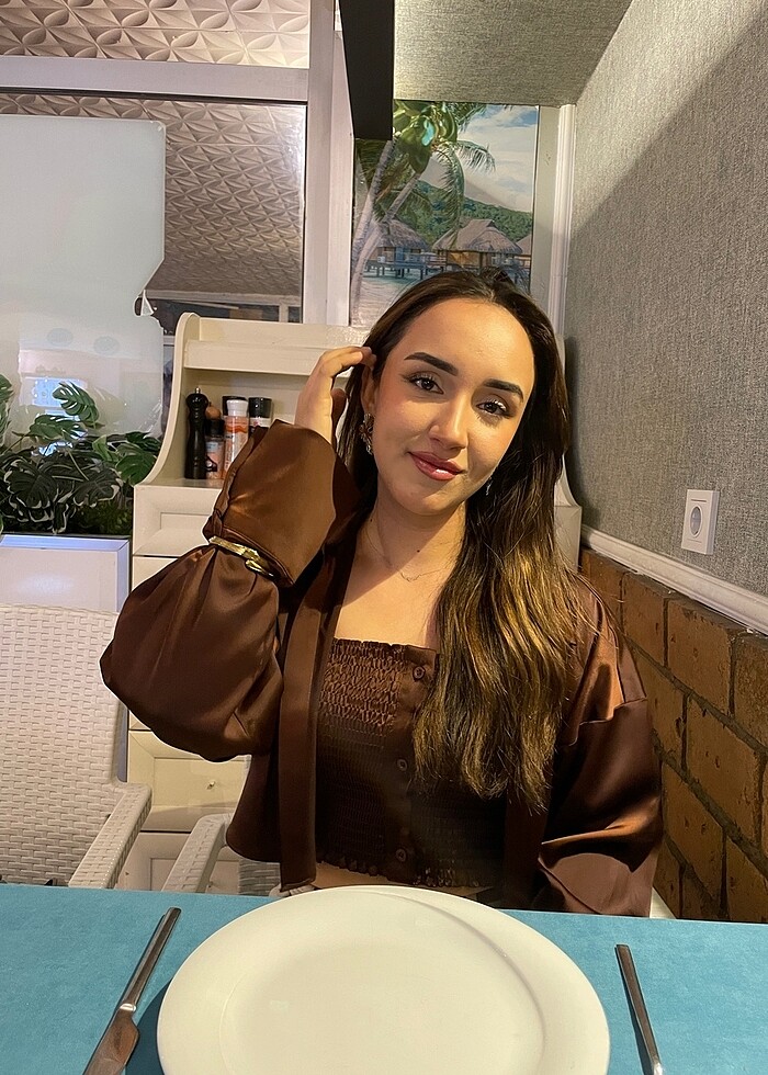 Saten korseli gömlek takım kahverengi - Görsel 3