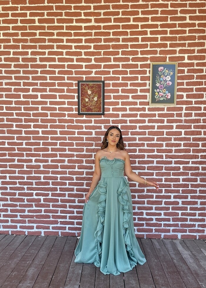 Su yeşili abiye fırfır A kesim - Görsel 3