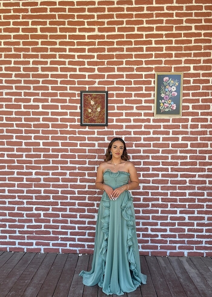 Su yeşili abiye fırfır A kesim - Görsel 4