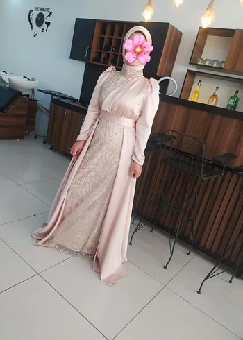 Pembe Uzun Kollu Drapeli Abiye Elbise