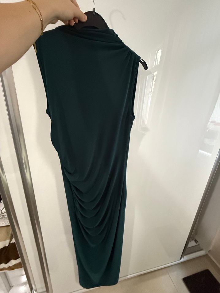 Drapeli Koyu Yeşil Uzun Abiye Elbise - Görsel 2