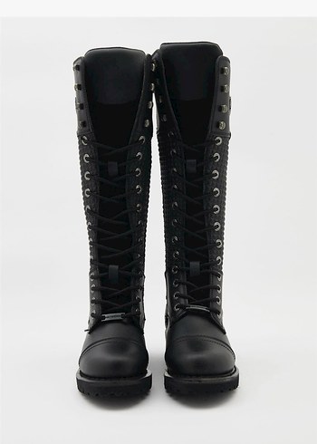 Siyah Deri Harley-Davidson Bağcıklı Kadın Çizme - Görsel 7